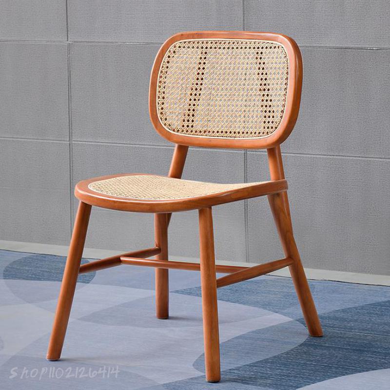 Nordic Rattan Chair Solid Wood Dining Chair Homestay Theme Restaurant Cafe Back Chair Milk Tea Shop Natural Rattan Chair